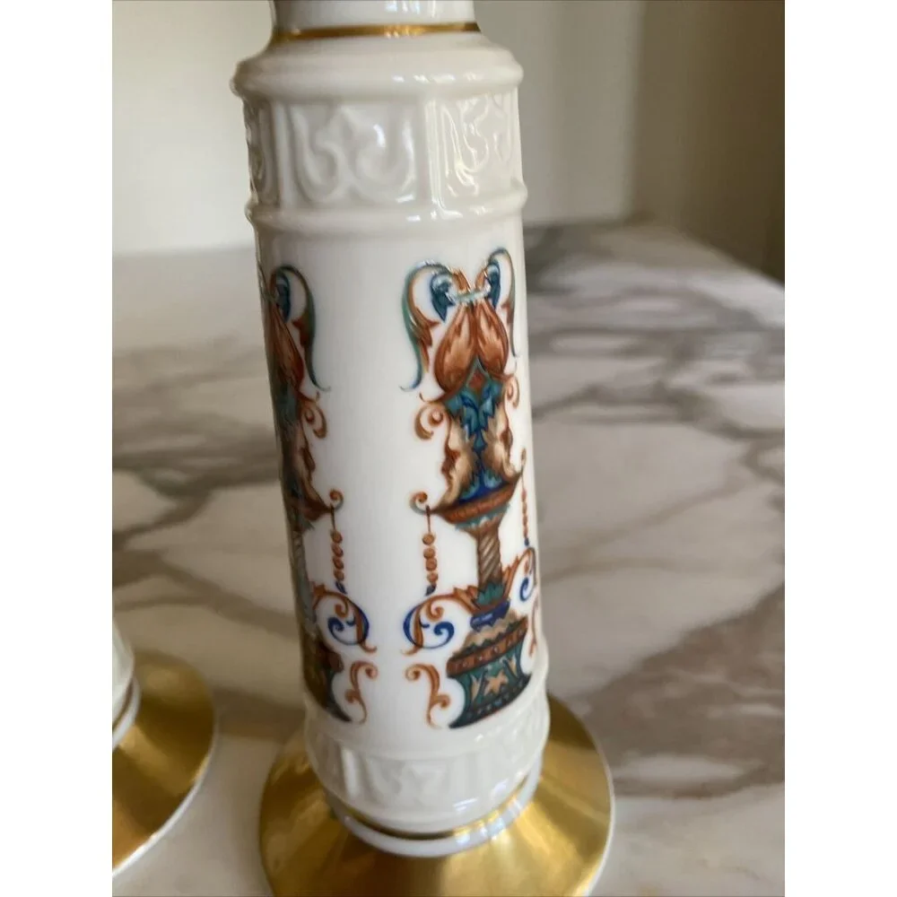 Vintage Ceramic Candle Holders With Gold Accents & Ornate Multicolor Design 2-Pi